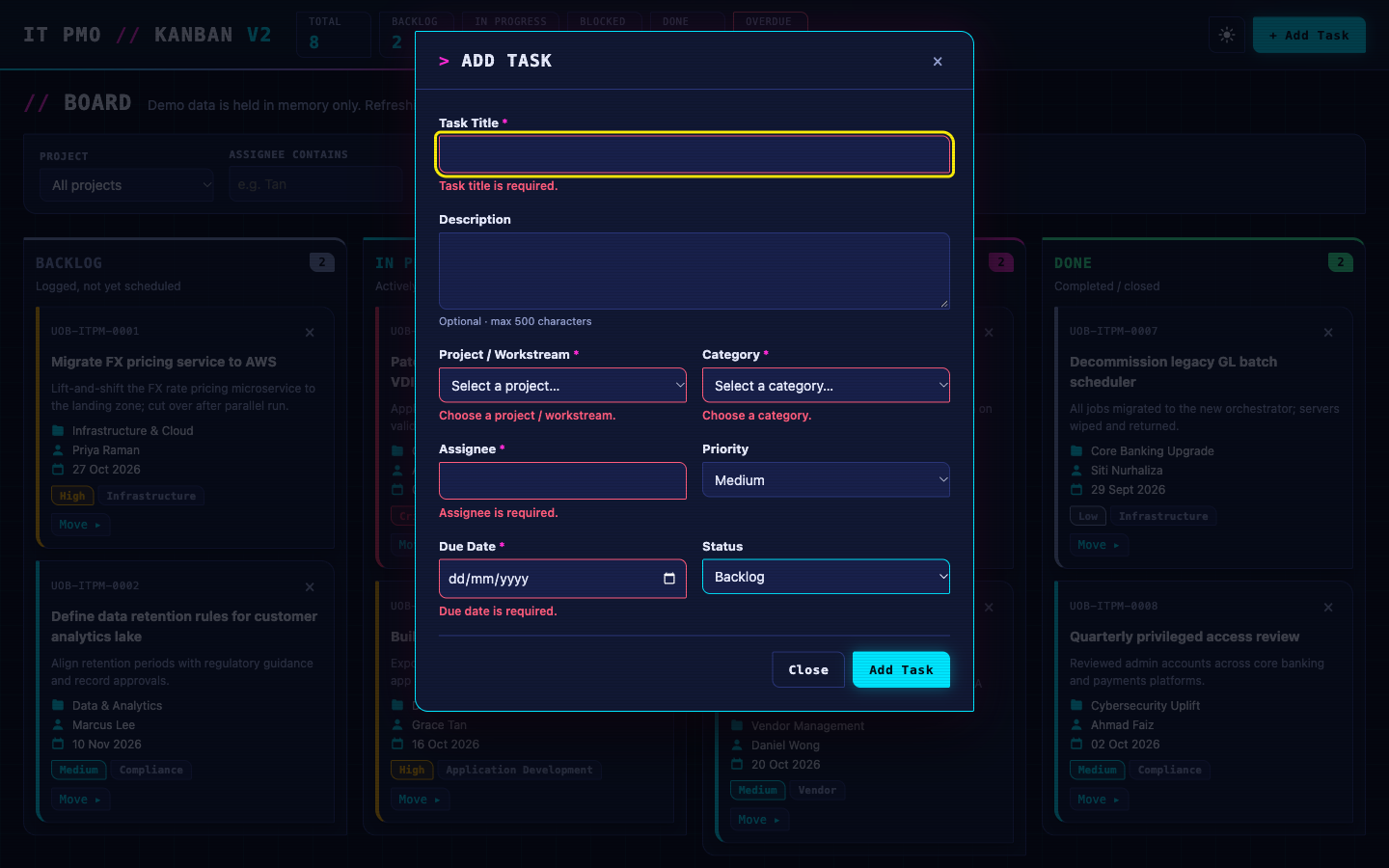 The Add Task dialog in the dark theme with inline validation errors