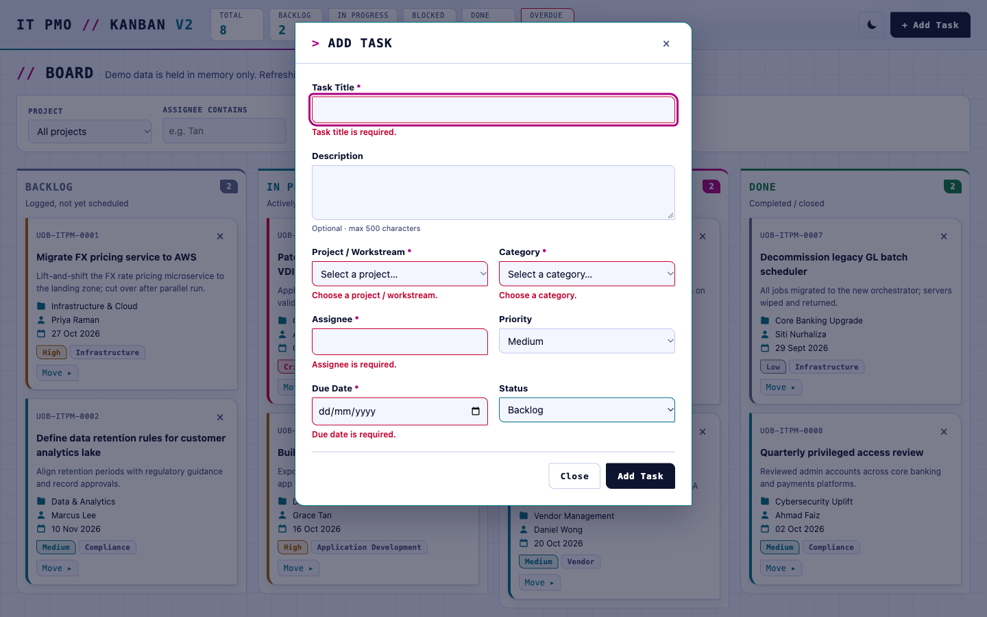 The Add Task dialog in the light theme with inline validation errors